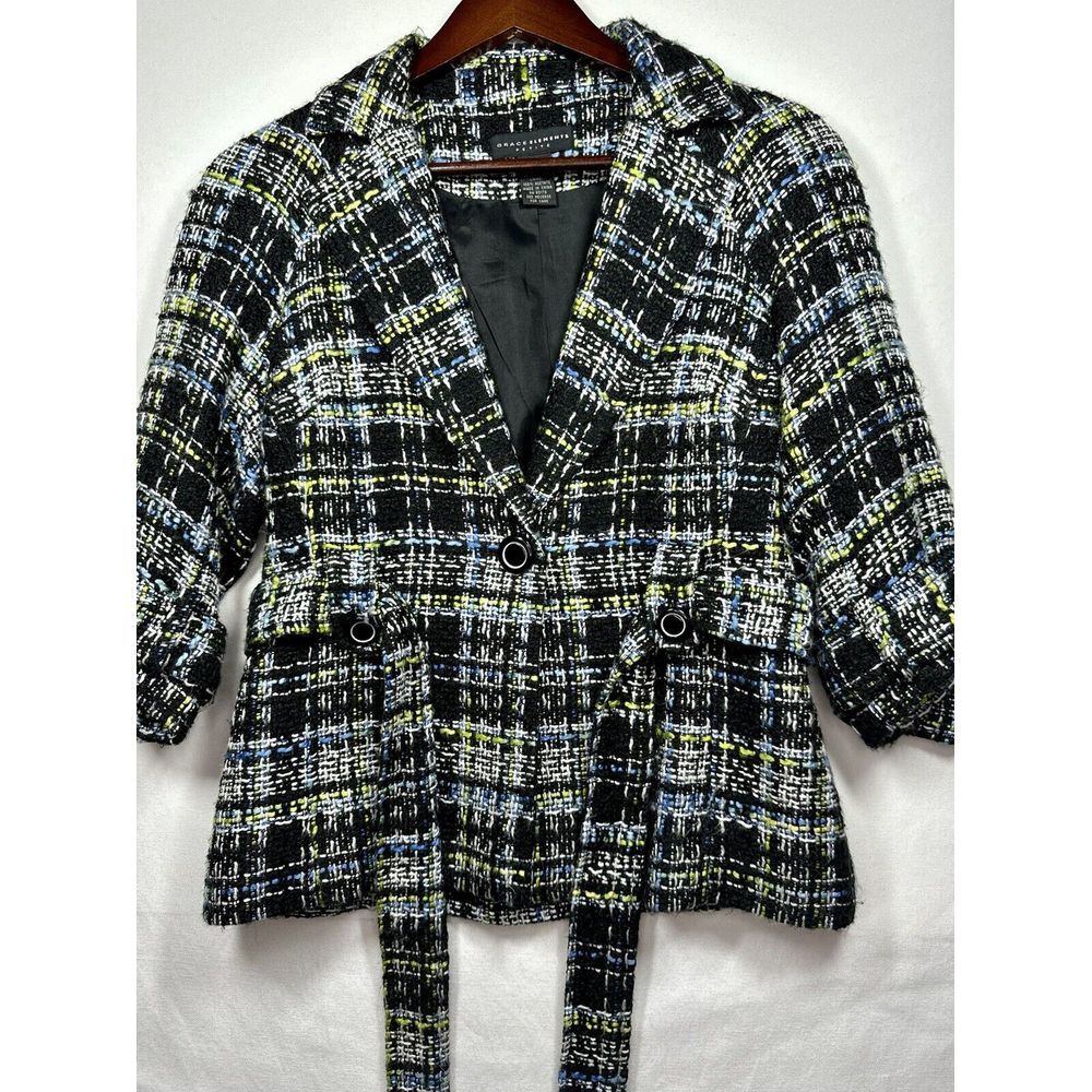 Grace Elements Petite Womens Black Multicolor Button Blazer Lined Pockets Sz 8P
